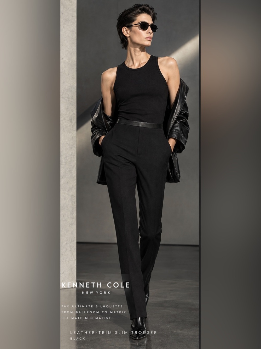 Kenneth Cole  Black Leather Trim Straight High Rise Slim Pants Tuxedo🤵🏻‍♀️Matrix